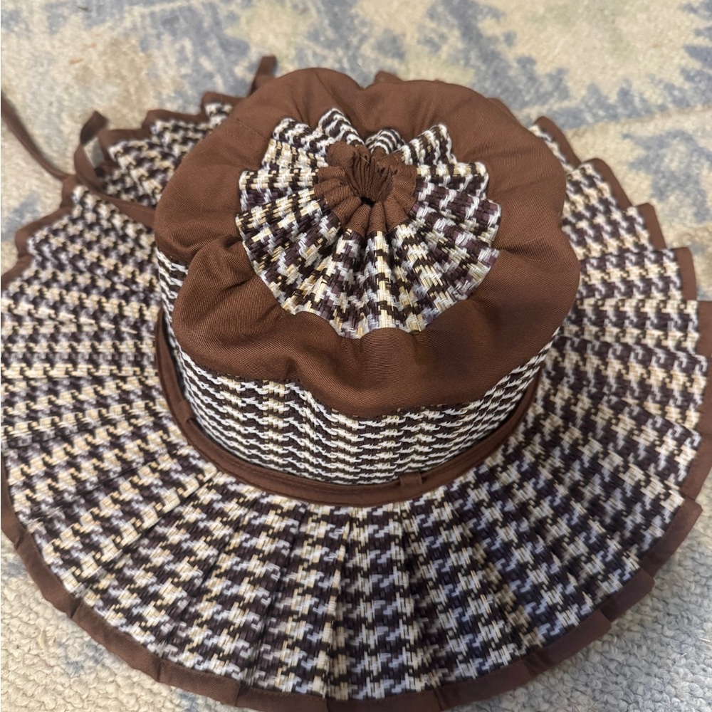 Women's Brown Houndstooth Pleated Wide-Brim Hat